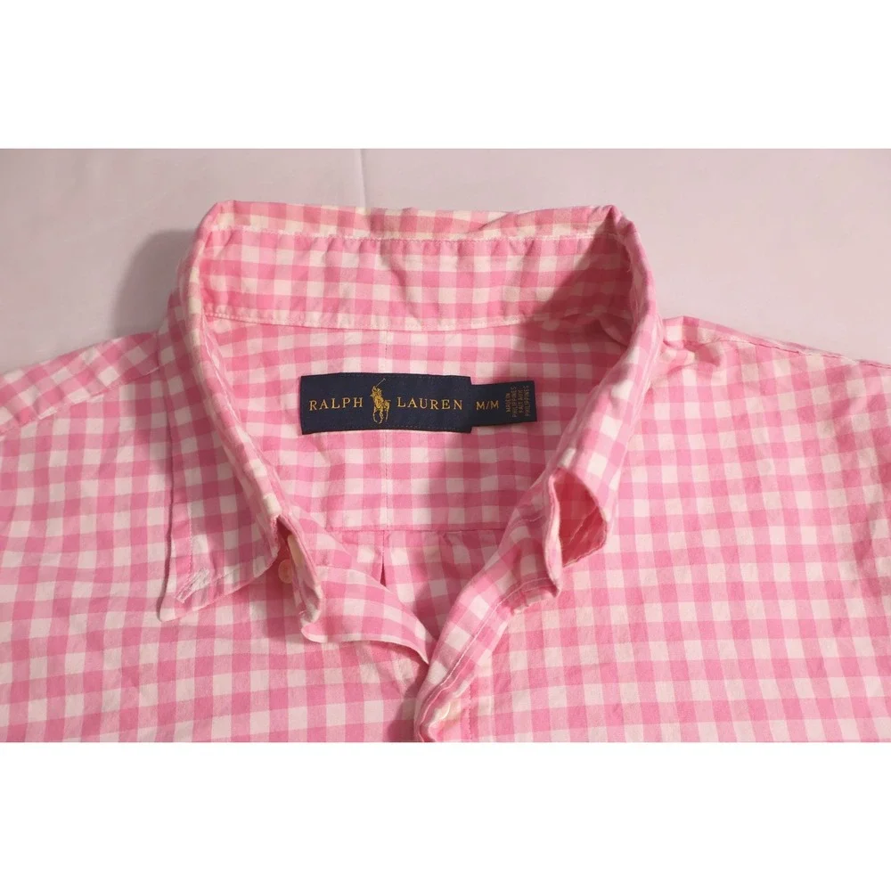Polo Ralph Lauren Mens Medium Pink Gingham Long Sleeve Button Up Shirt Pony Logo